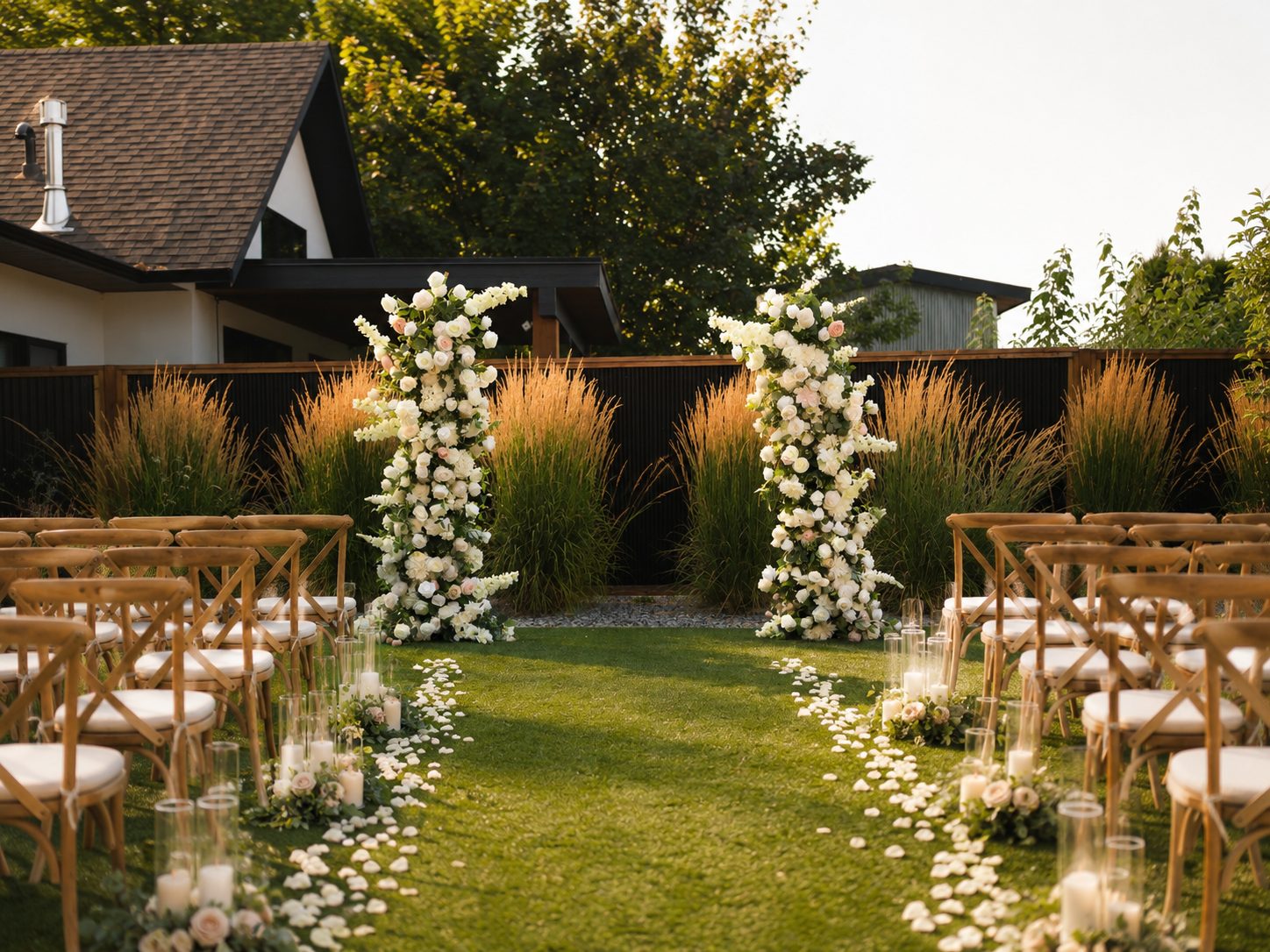 Kelowna Wedding Arches signature faux floral pillar set styled for an outdoor ceremony